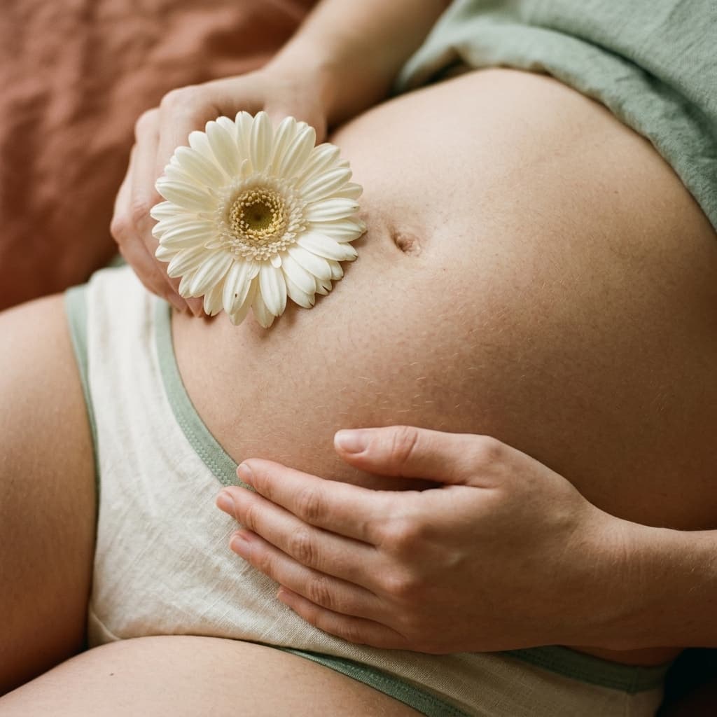 Une future maman assise, les mains posées sur son ventre, une fleur blanche entre les doigts.